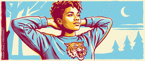 Young person with curly hair relaxing outdoors in a tiger sweatshirt, looking thoughtfully at the crescent moon in a serene forest, rendered in a retro comic book art style