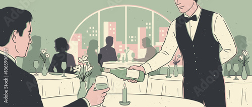 Elegant waiter wearing a vest and bow tie carefully pours wine for a man in a suit at a candlelit table in a luxurious restaurant with a view of the city at night