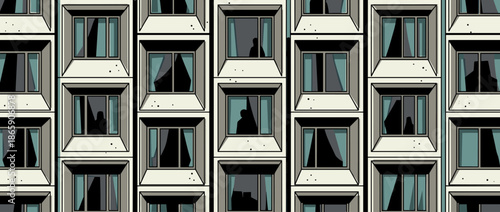Repeating pattern of illustrated apartment windows on a building facade features anonymous silhouettes of people inside, evoking a sense of urban loneliness and isolation