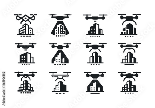 Drone Manager Icons. autonomous construction manager. Icon set. Set Logo of autonomous construction manager: drone scanning a building site. harmonious logo