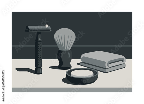 Elegant Bathroom Essentials. Bathroom setup. A tidy counter displays a safety razor, brush, soap puck, and towel arranged neatly, light glinting off metal