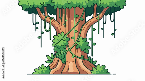 Stylized cartoon tree with thick trunk, green leaves, and hanging vines