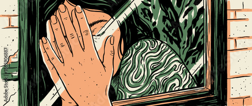 Distressed illustrated person covers their face with one hand while peeking through a window in a somber, graphic novel style drawing with bold lines and limited colors