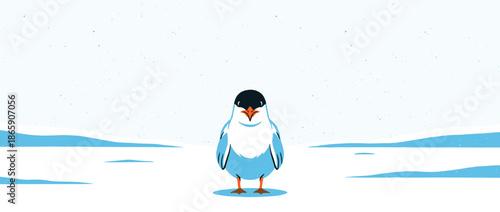 Charming blue and white cartoon bird with a black head and orange beak stands centered in a vast, minimalist snowy landscape as light snow falls gently from the sky