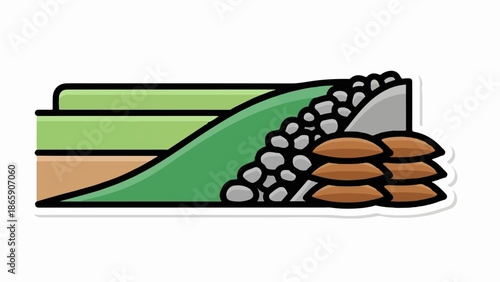 Layered landscape with stones and sandbags