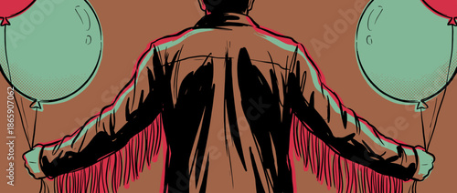 Man from behind in a brown fringed jacket holds two balloons in a graphic comic book style illustration with bold outlines and a retro color palette
