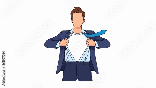 Man in suit tearing shirt open revealing blank white space underneath