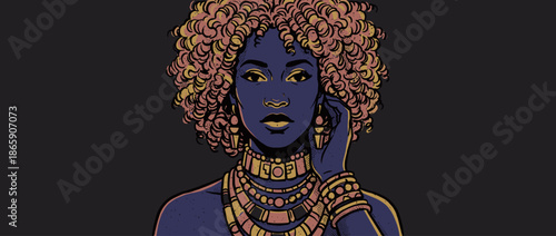 Beautiful illustrated woman with colorful curly hair and traditional jewelry gazes forward in a striking, stylized graphic art portrait with bold linework and stippling