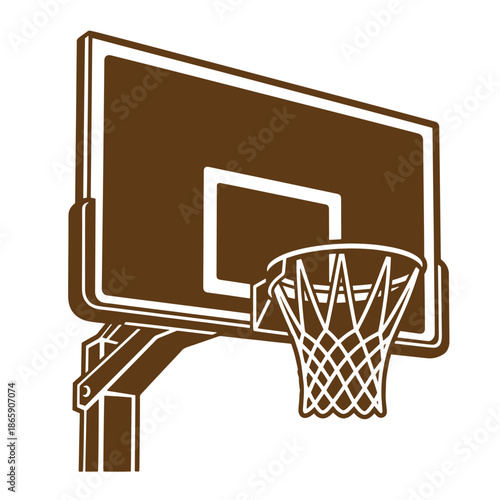 Brown basketball hoop and backboard with white outline on transparent background
