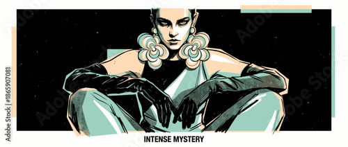 Mysterious and fashionable illustrated woman with an intense gaze sits forward wearing large flower earrings and long black gloves in a bold graphic novel art style