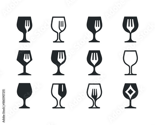 Fine Dining Icons. fine dining. Icon set. Set Logo of fine dining: wine glass and fork. harmonious logo variations of the same emblematic concept, each with