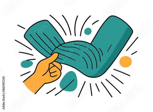 Dynamic Sleeve Stretch. Stretching knit. A sleeve slightly stretched at the elbow showing stylized ribbing; abstract tension arcs and motion lines surround it.