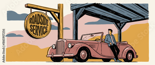 Handsome young man casually leaning against a classic pink convertible at a roadside service station in a nostalgic, hand-drawn comic book art style
