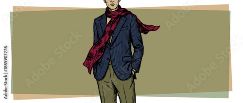 Stylish hand-drawn man in a blue pinstripe blazer and red patterned scarf stands confidently with his hand in his pocket in a cool, retro comic book art style