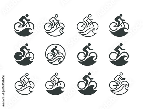 Cyclist Scenic Logos. A Cyclist Riding Along a Scenic Coastal Road, Taking in the View. Icon set. Set Logo of A Cyclist Riding Along a Scenic Coastal Road,