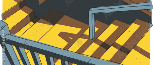 Staircase with yellow steps and a blue handrail is depicted in a dramatic high-angle comic book illustration with strong shadows and a mysterious noir atmosphere