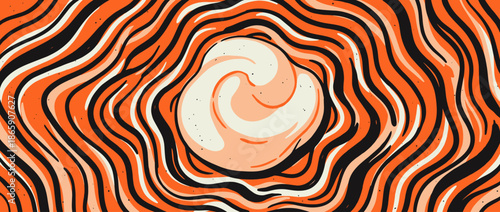 Abstract wavy line pattern with orange, black, and cream stripes in a hand-drawn psychedelic style, creating a dynamic and fluid visual with a central swirl