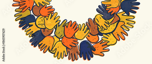 Colorful collection of illustrated cartoon hands are joined together in a semi-circle, representing community and support in a retro pop art style with halftone textures