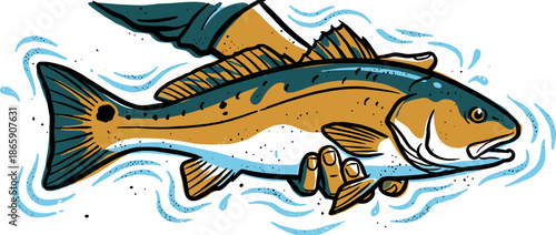 Stylized illustration of a redfish held in a fisherman's hands, showcasing a successful catch with bold graphic lines and a limited, retro color palette