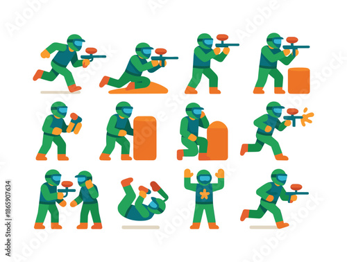 Paintball Action Icons. Paintball actions. Colorful flat vector icons set of paintball actions: running dash, sliding move, crouching cover, aiming marker,
