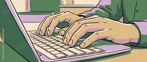 Close-up illustration of hands typing on a laptop keyboard, a detailed drawing in a graphic comic book style showing a person working or communicating online