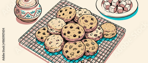 Homemade chocolate chip cookies and biscuits cooling on a metal wire rack in a charming retro comic book style illustration with a warm, cozy and nostalgic aesthetic