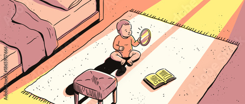 Curious illustrated baby sits on a cozy rug holding a small hand mirror, discovering its own reflection in the warm morning sunlight streaming into the room