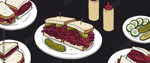 Pastrami sandwich on rye bread illustration in a retro comic style, piled high with cured meat and pickles, served on a plate with mustard and cucumbers
