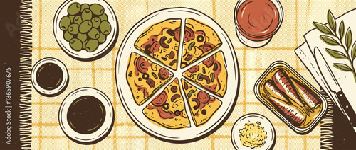 Hand-drawn retro style illustration of a sliced pizza with various appetizers like olives, canned fish, and sauce served on a checkered tablecloth in a top-down view