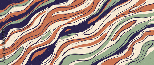 Hand-drawn abstract pattern with organic flowing lines and wavy shapes in a retro color scheme of orange, green, and blue, featuring a subtle speckled grunge texture for a vintage feel