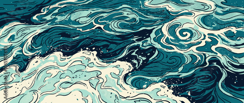 Stylized ocean waves with swirling sea foam and splashes in a dynamic Japanese woodblock print style illustration featuring a limited blue and teal color palette