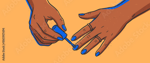 Person's dark-skinned hands carefully applying vibrant blue nail polish to their fingernails, a close-up illustration of a beauty and self-care routine