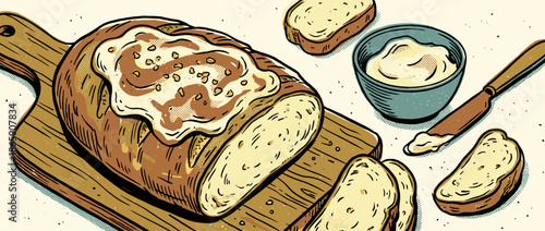 Delicious loaf of sliced sweet bread with icing in a vintage hand-drawn style, presented on a wooden board with a bowl of creamy butter and a knife