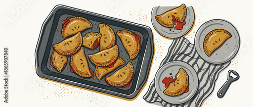 Delicious homemade savory turnovers with a golden crust and red filling served fresh from the oven on a baking tray and plates, a cozy hand-drawn illustration