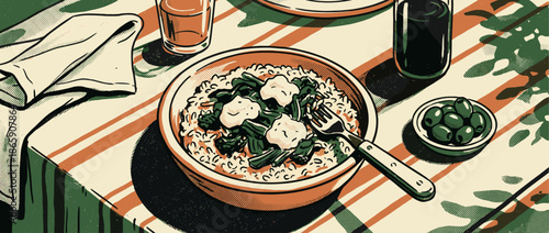 Delicious bowl of rice with greens and cheese is served on a striped tablecloth with olives and water in a retro, graphic illustration style with halftone textures