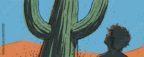 Person's silhouette looking up in awe at a giant saguaro cactus in a hot desert landscape, depicted in a bold graphic novel illustration style with a limited color palette