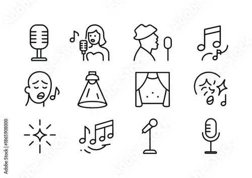 Jazz and Blues Icons. Jazz and blues vocal styles. Line icon set of Jazz and blues vocal styles: vintage microphone, jazz singer icon, blues singer silhouette,