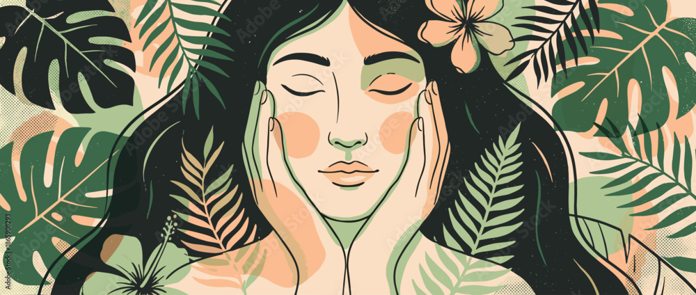 Fototapeta premium Illustrated woman with long dark hair touching her face with closed eyes, surrounded by tropical leaves and flowers in a serene, natural beauty concept art style