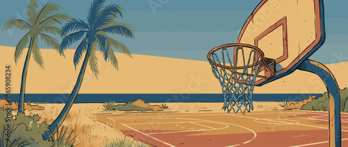 Basketball hoop and court on a sandy beach with palm trees and the ocean, depicted in a retro comic book illustration style with a warm, nostalgic color palette