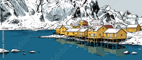 Charming yellow wooden fishing village with houses on stilts reflects in the calm blue water of a fjord during a cold winter day, depicted in a beautiful graphic illustration style