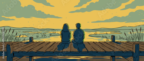 Young couple, a man and woman, sit together on a wooden dock watching a peaceful sunset over a tranquil marsh in a calm, romantic graphic novel style illustration