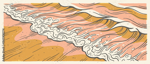 Stylized ocean waves washing onto a sandy beach in a retro, hand-drawn illustration style with a warm, limited color palette and a calm, serene atmosphere