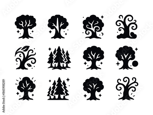 Enchanted Trees Icons. Enchanted Trees. Solid icon set of Enchanted Trees: tall enchanted tree, glowing beam, spark particles, curling branch, mystical haze,