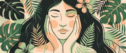 Illustrated woman with long dark hair touching her face with closed eyes, surrounded by tropical leaves and flowers in a serene, natural beauty concept art style