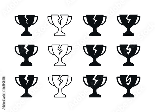 Harmonious Trophy Logos. Amateur. Icon set. Set Logo of amateur: trophy with crack. harmonious logo variations of the same emblematic concept, each with