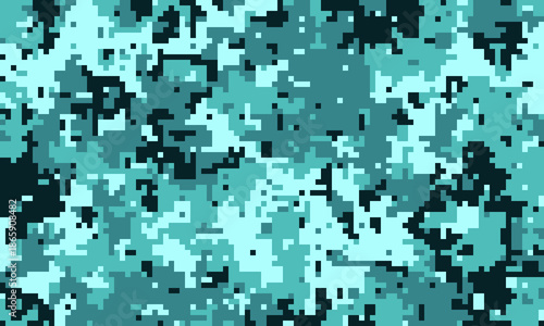 Abstract digital camouflage pattern in teal and black.  Perfect for backgrounds, textiles, or tech designs.  Its pixelated texture offers a modern, versatile aesthetic.