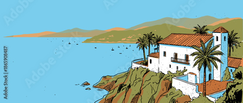 White coastal villa with a terracotta roof and palm trees sits on a rocky cliff overlooking a serene blue sea in a beautiful hand-drawn comic book style illustration