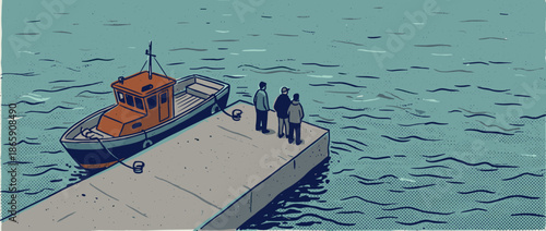 Three men standing on a concrete pier next to a small orange fishing boat, looking out at the calm blue water in a retro comic book style illustration