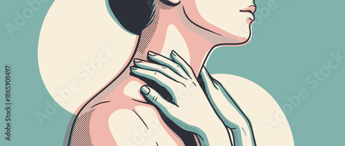 Stylized graphic illustration of a woman gently touching her neck and shoulder, rendered in a retro pop art style with a limited pastel color palette and halftone dot shading