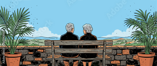 Elderly couple with grey hair sitting together on a rustic wooden bench, peacefully enjoying a scenic view of rolling hills from a stone terrace in a comic art style